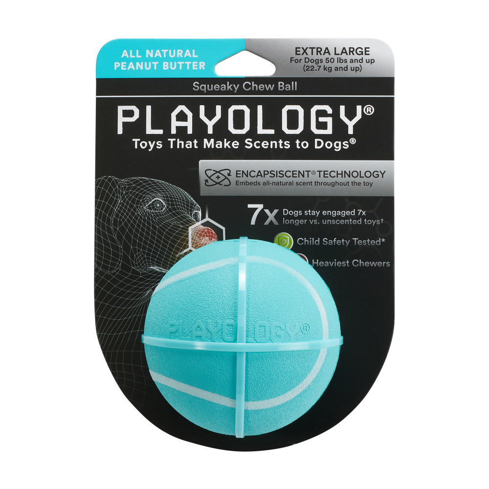 Playology жевательный мяч SQUEAKY CHEW BALL 8 см для собак средних и крупных пород с пищалкой и с ароматом арахиса, цвет голубой