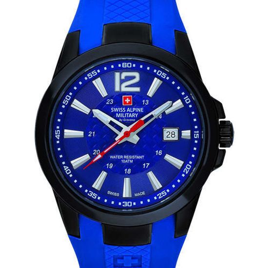 С ремешком Мужские наручные часы с синим силиконовым  ремешком Swiss Alpine Military 7058.1875 sport mens 43mm 10ATM
