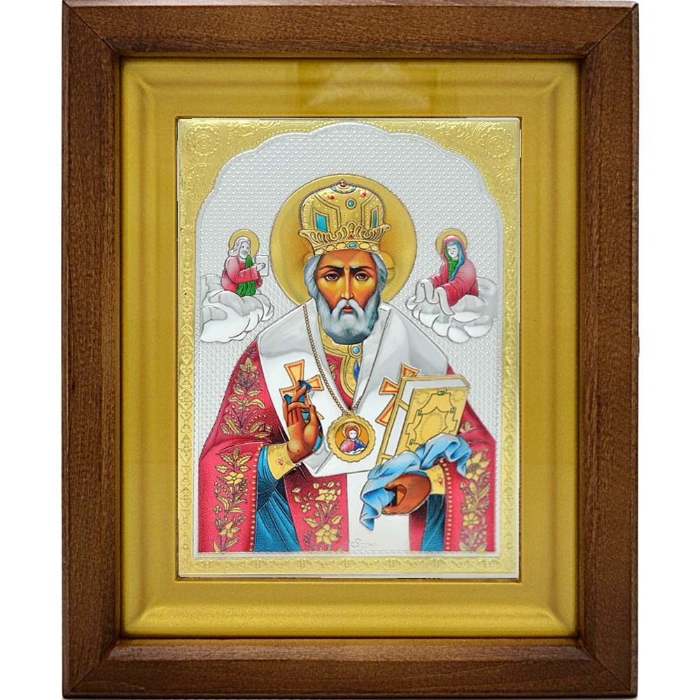 Николай Чудотворец с предстоящими. Икона в серебряном окладе в киоте