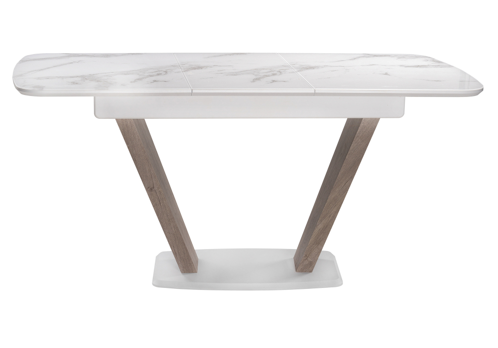 Стол стеклянный Woodville на тумбе Петир белая шагрень, дуб с пилением