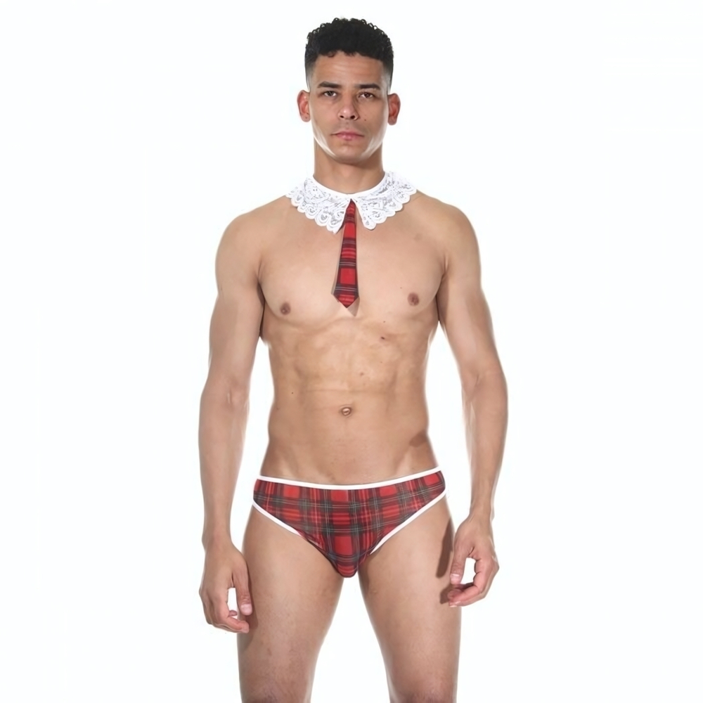 Мужской игровой костюм ученика (Размер: L-XL) (Цвет: красная шотландка)