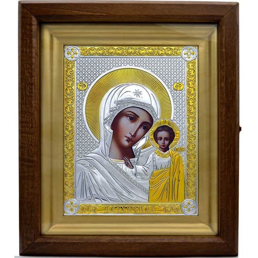 Казанская икона Божьей Матери в серебряном окладе в киоте