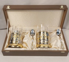 Набор подстаканников с позолотой Герб и Армия в фуляре