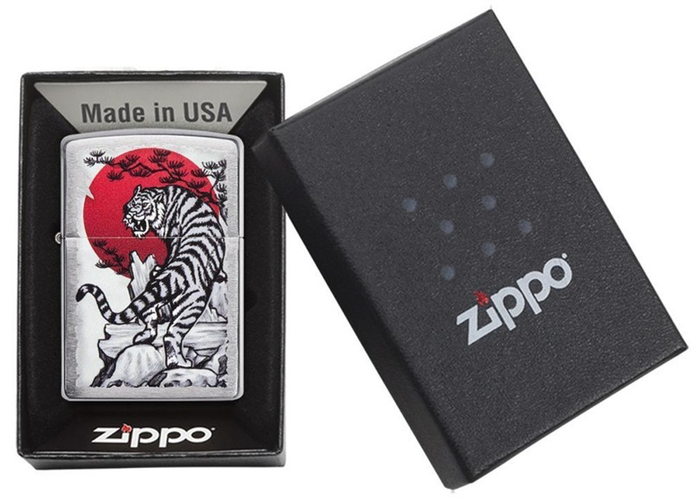 Зажигалка Zippo Asian Tiger с покрытием Brushed Chrome, латунь/сталь, серебристая, 38x13x57 мм