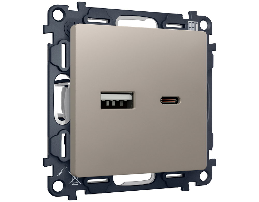 MA371010 Комплект механизма розетки ALFA Серо-бежевый матовый 2USB A+C 20W (быстрая зарядка) QUANT (AP3710, VM177)