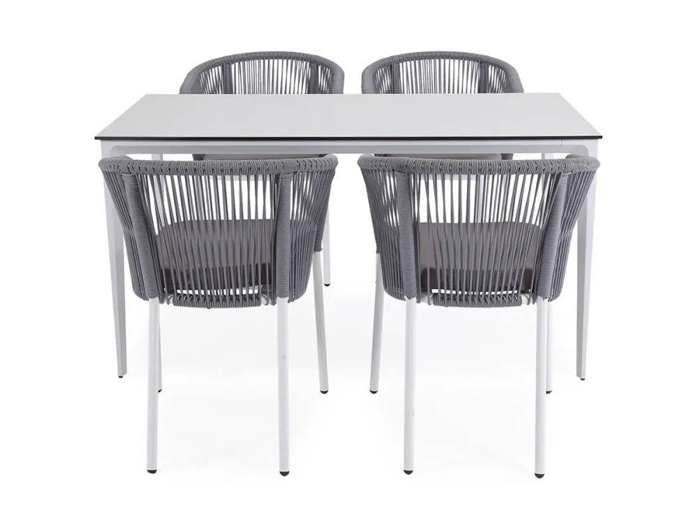 "Малага" обеденная группа на 4 персоны со стульями "Марсель", каркас белый, роуп светло-серый