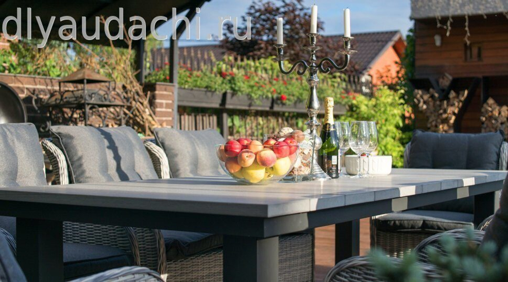 Обеденный комплект стол ПАРКЛЭНД  + 8 кресел из искусственного ротанга БЕРГАМО (цвет серый/коричневый)