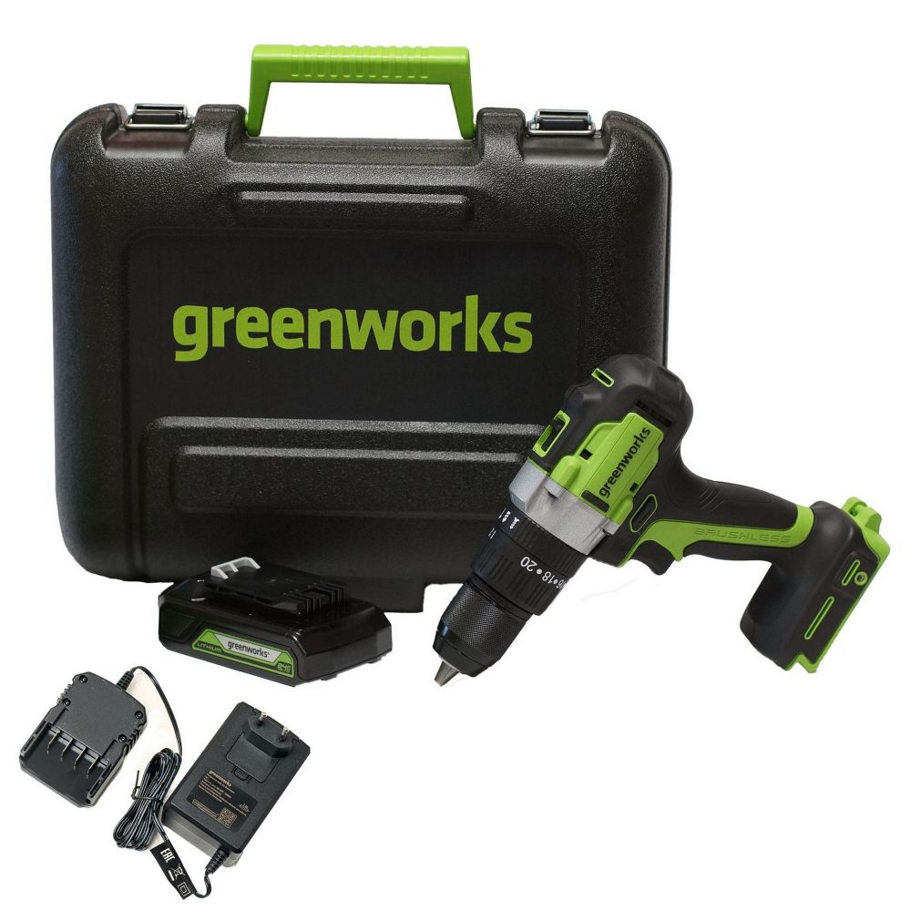 Аккумуляторная ударная дрель шуруповерт Greenworks GD24DD60K2, 3704107UA, 24v, АКБ 2 А·ч и ЗУ в кейсе