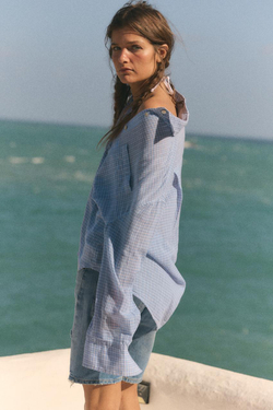 ZARA РУБАШКА ОВЕРСАЙЗ С КАРМАНОМ, ЭКРЮ/СИНИЙ