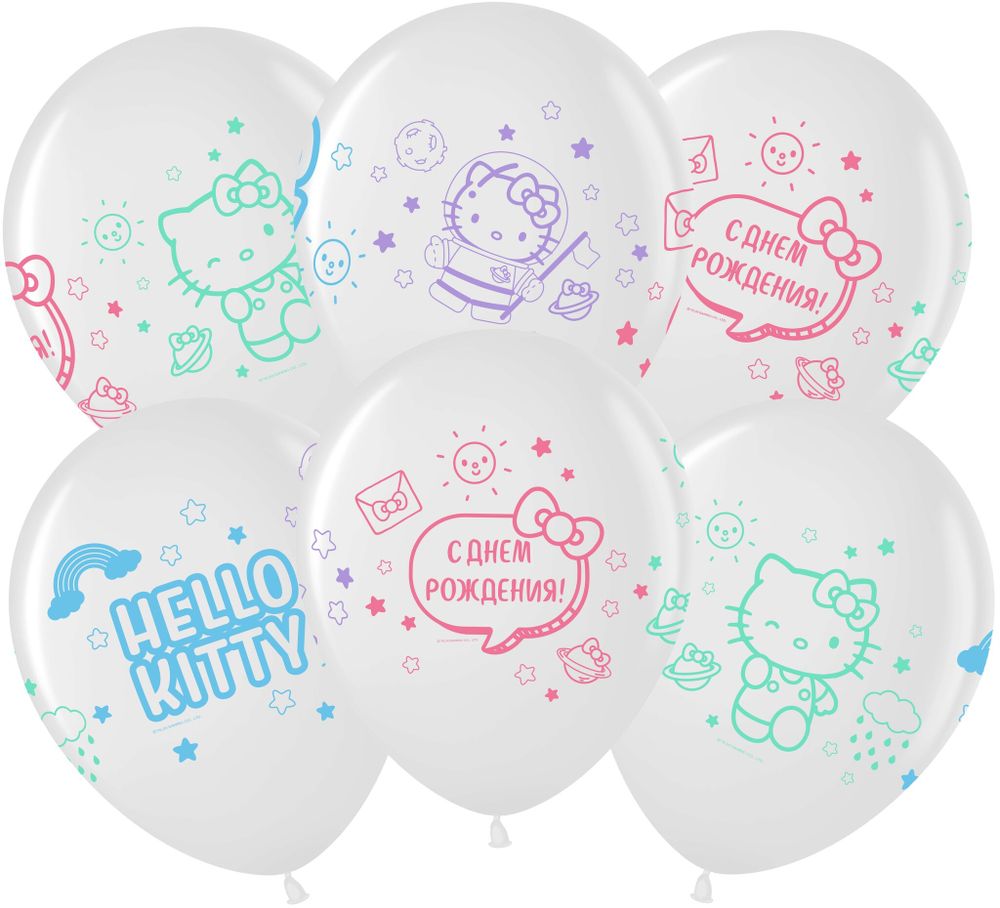 Шар (12''/30 см) Hello Kitty, С Днем Рождения!, Белый (200)/Прозрачный (600), кристалл, 4 ст, 25 шт.