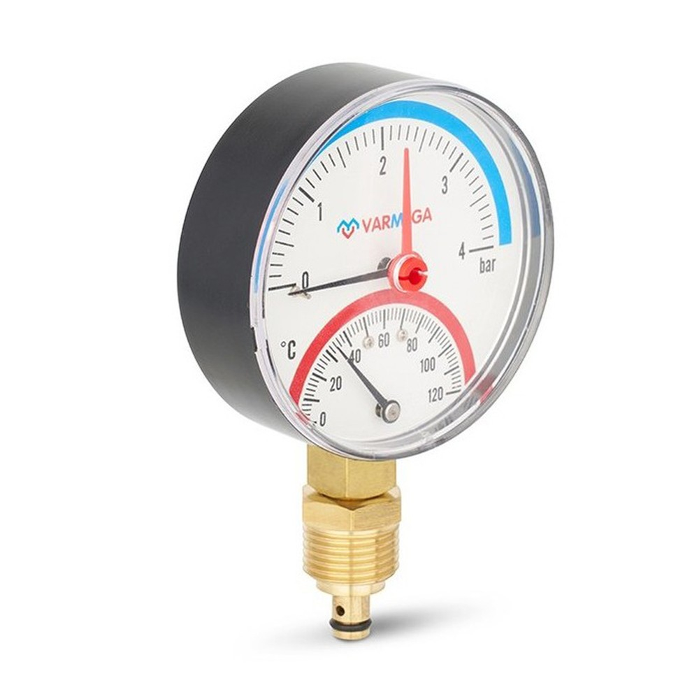 Термоманометр VARMEGA радиальный 80 мм, 4 бар, 120гр.С, 1/2", с отсекающим клапаном, VMMT07-800404