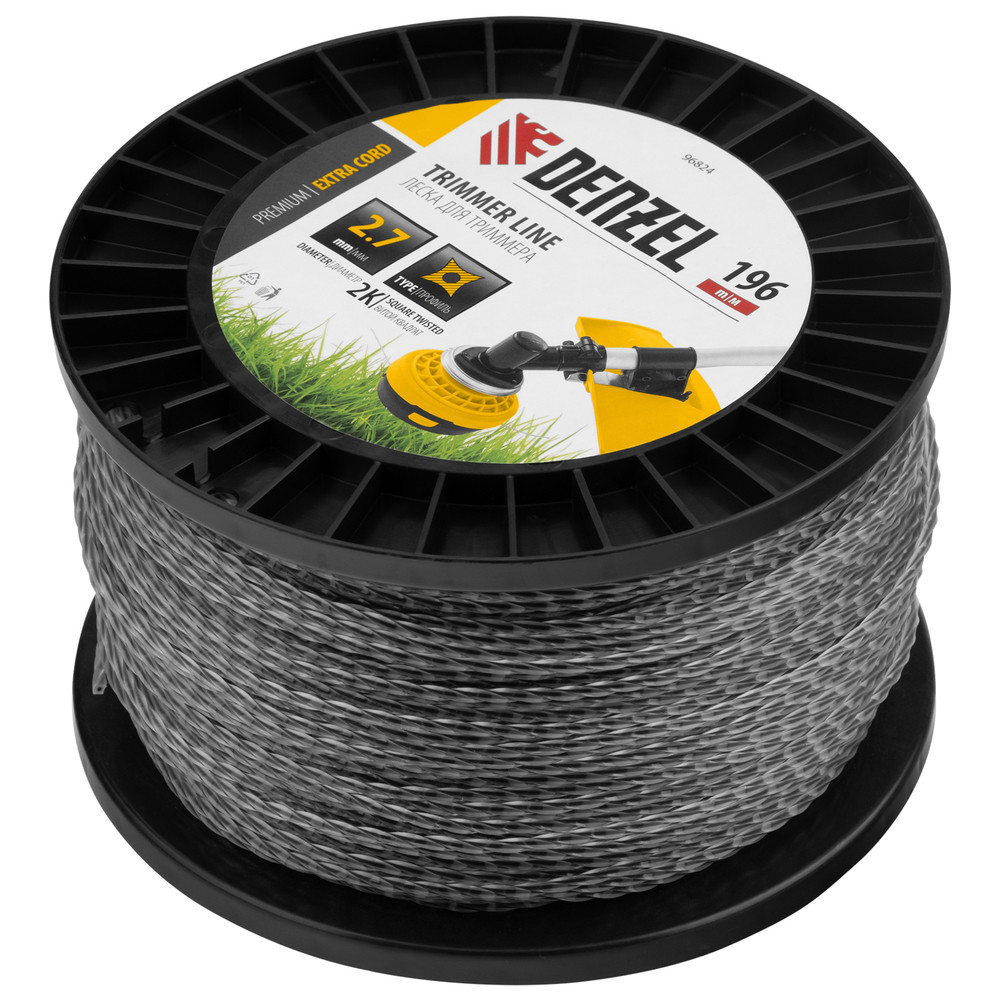 Леска для триммера двухкомпонентная витой квадрат, 2,7мм х 196м, на DIN катушке EXTRA CORD Denzel
