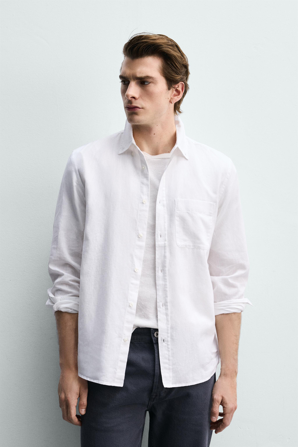 ZARА РУБАШКА REGULAR FIT ИЗ ЛЬНА И ХЛОПКА, БЕЛЫЙ