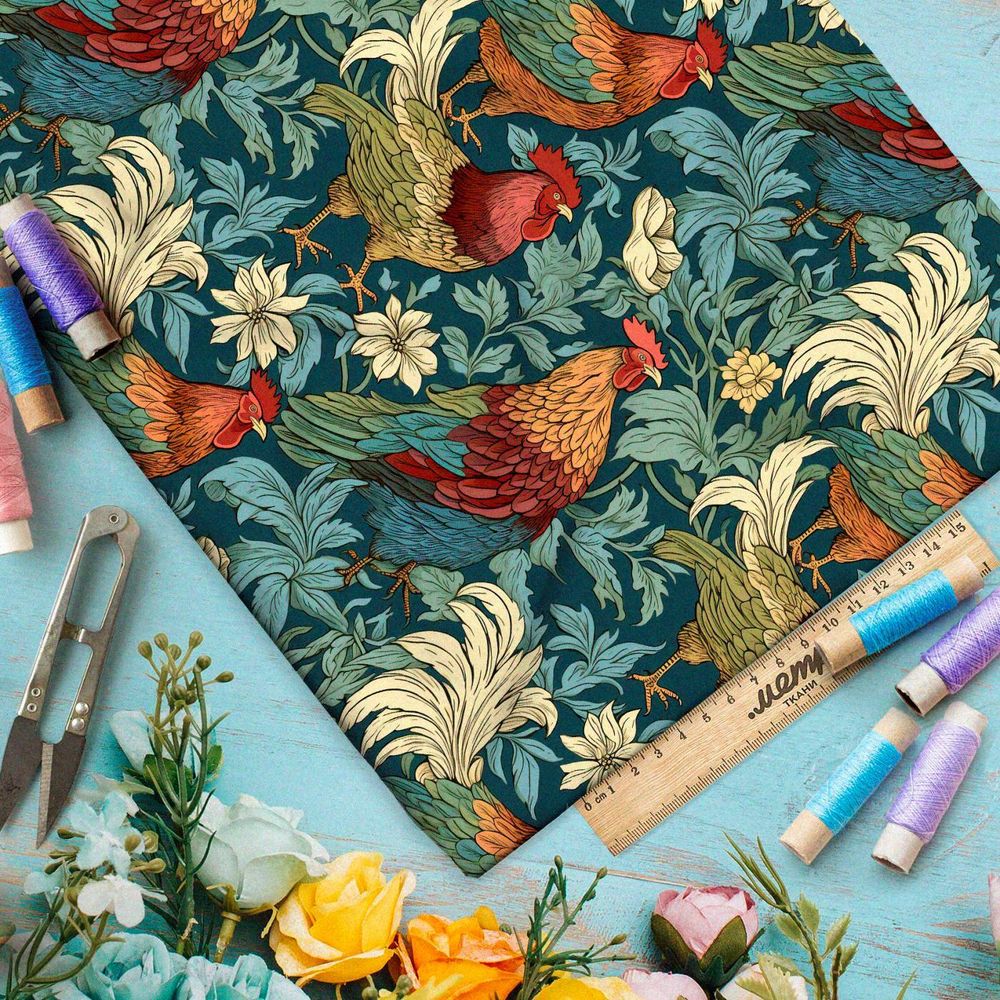 Ткань премиум интерлок сказочные петухи