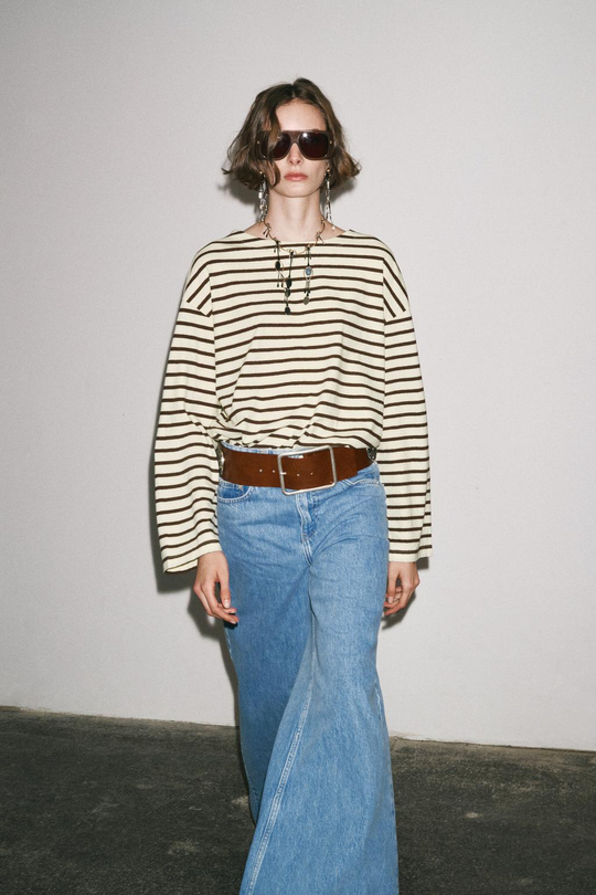 ZARA ФУТБОЛКА В ПОЛОСКУ С ДЛИННЫМИ РУКАВАМИ, БЕЖЕВЫЙ/НЕЖНО-КОРИЧНЕВЫЙ