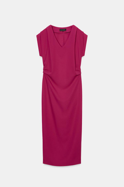 ZARA ПЛАТЬЕ МИДИ СО СКЛАДКАМИ, ТЕМНАЯ ФУКСИЯ