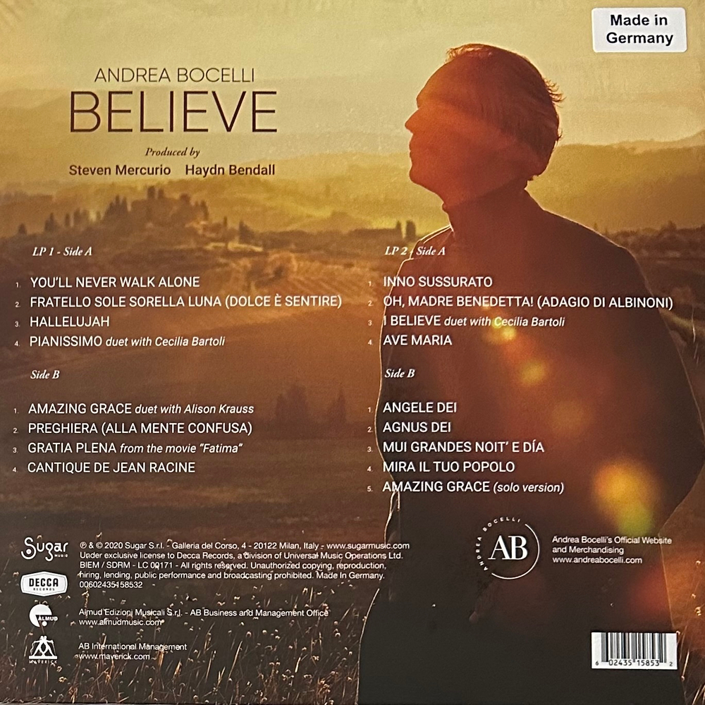 Andrea Bocelli – Believe 2LP (Германия 2020г.)