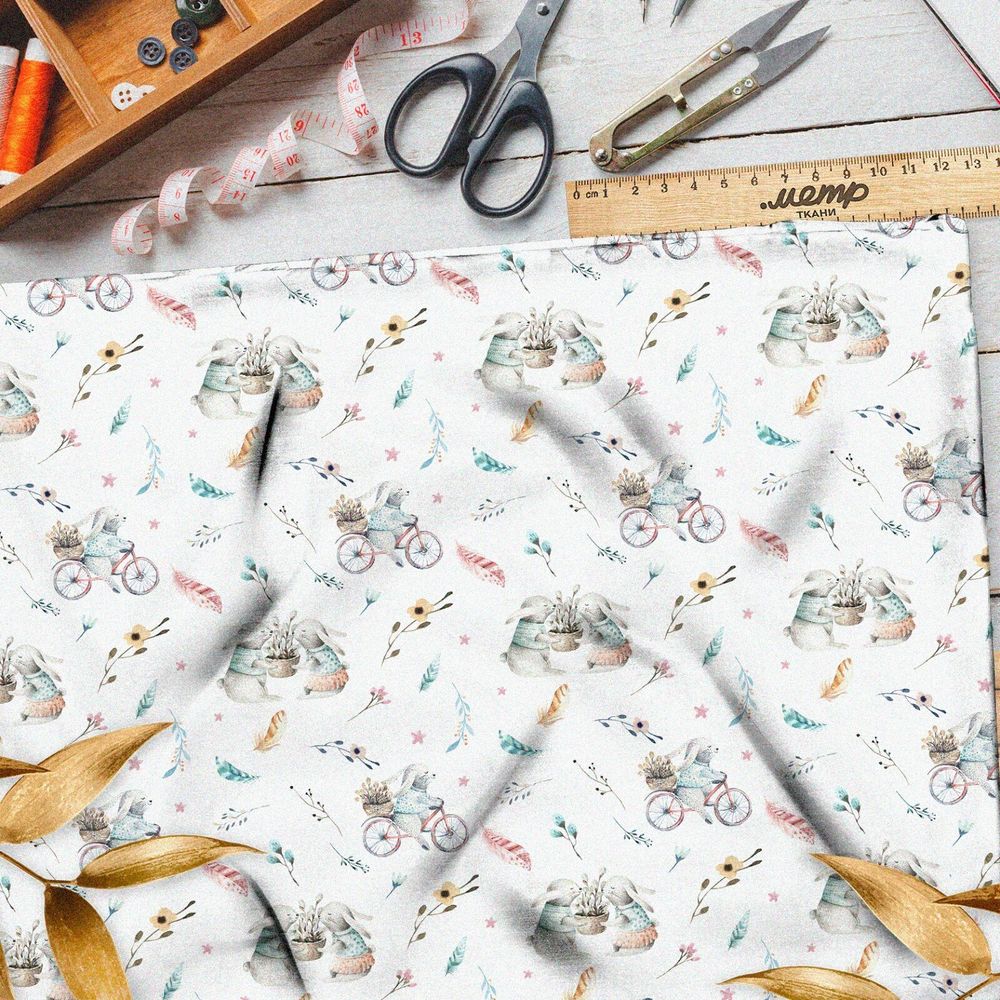 Ткань сатин зайки на велосипеде