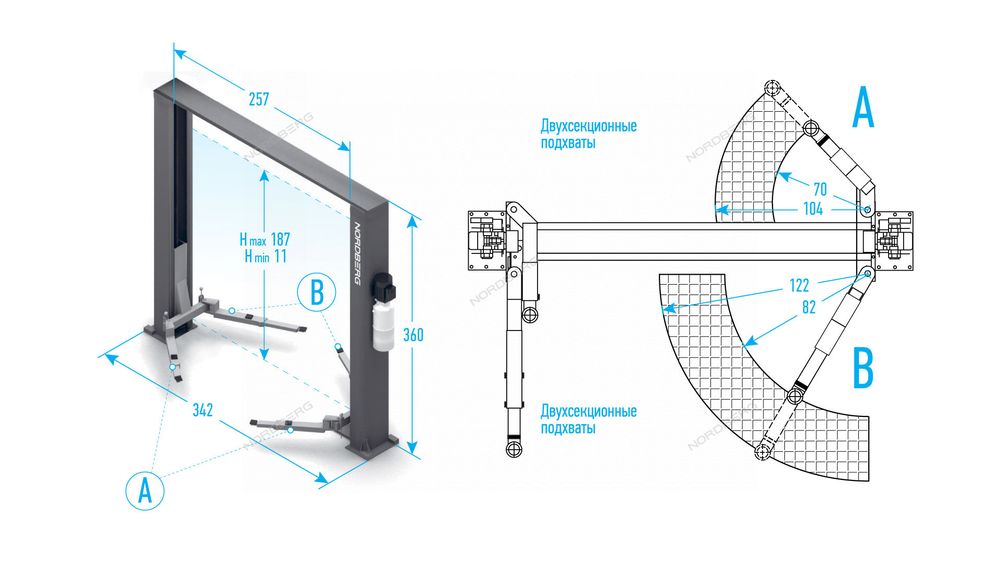 NORDBERG (N4124H-4B_380) Подъемник 2-стоечный 4 т с верхней синхронизацией, 380 В, синий