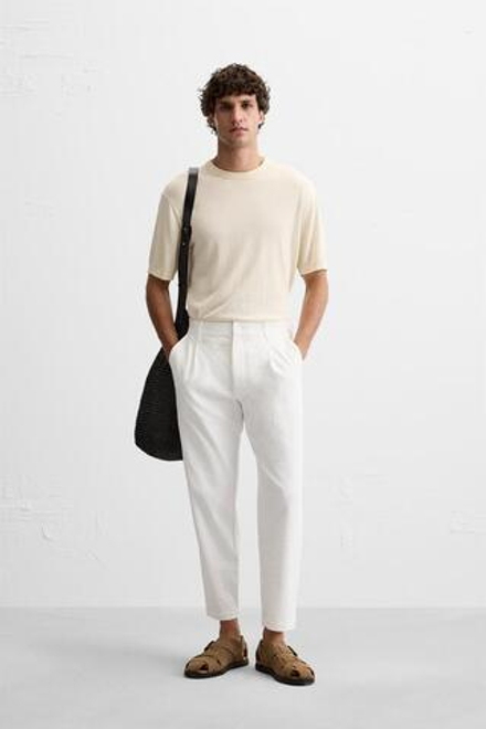 ZARA БРЮКИ ИЗ РЕЛЬЕФНОЙ ТКАНИ С ЗАЩИПАМИ, БЕЛЫЙ