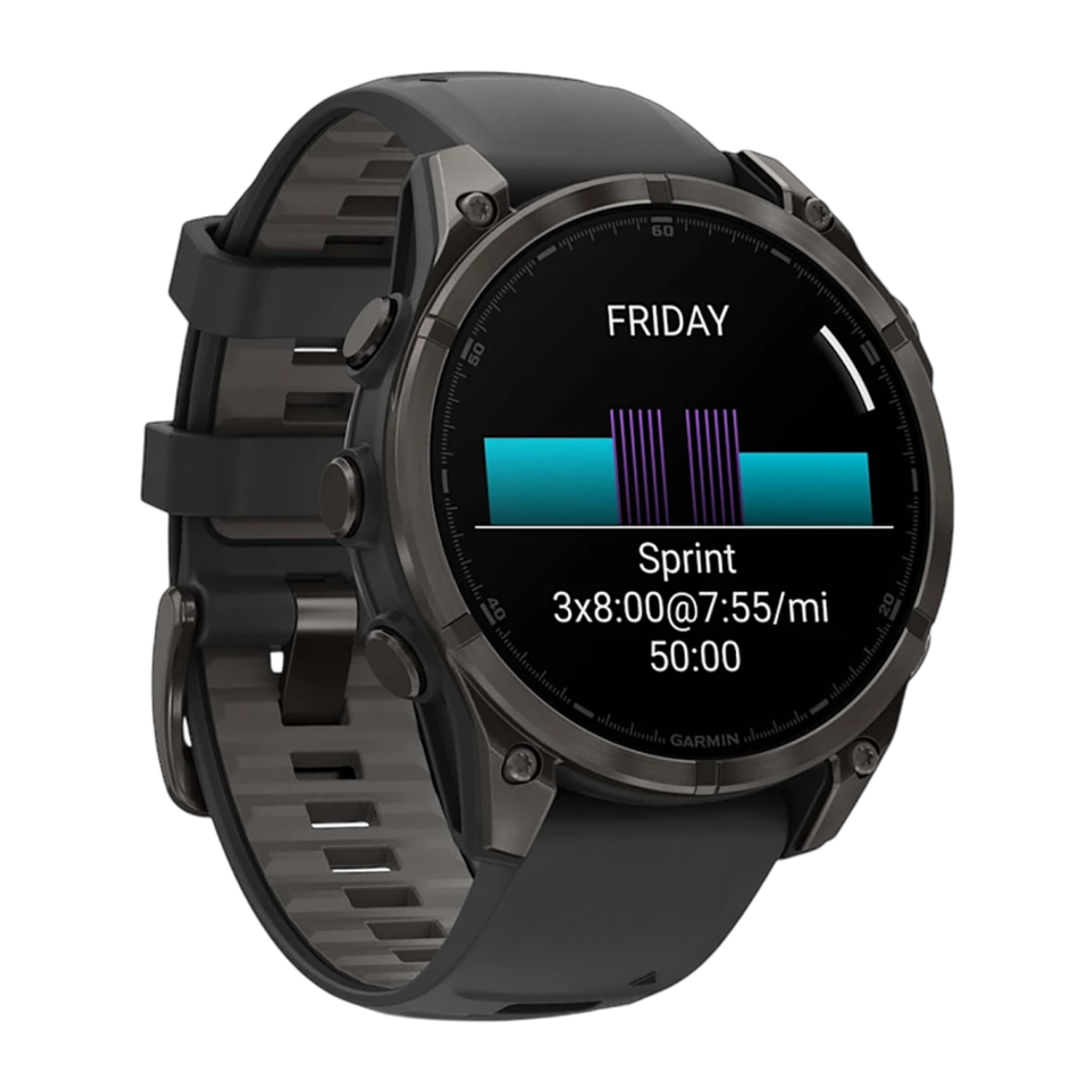 Спортивные часы Garmin fenix 8, 47 мм, AMOLED, титан с DLC, сапфир, силиконовый ремешок цвета чёрный/«серая галька» Тёмно-серый безель из титана с DLC-покрытием, AMOLED-дисплей. Ремешок с классической застёжкой — на запястье обхватом 125–208 мм