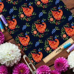 Ткань шифон красная голубка и ягоды на чёрном фоне