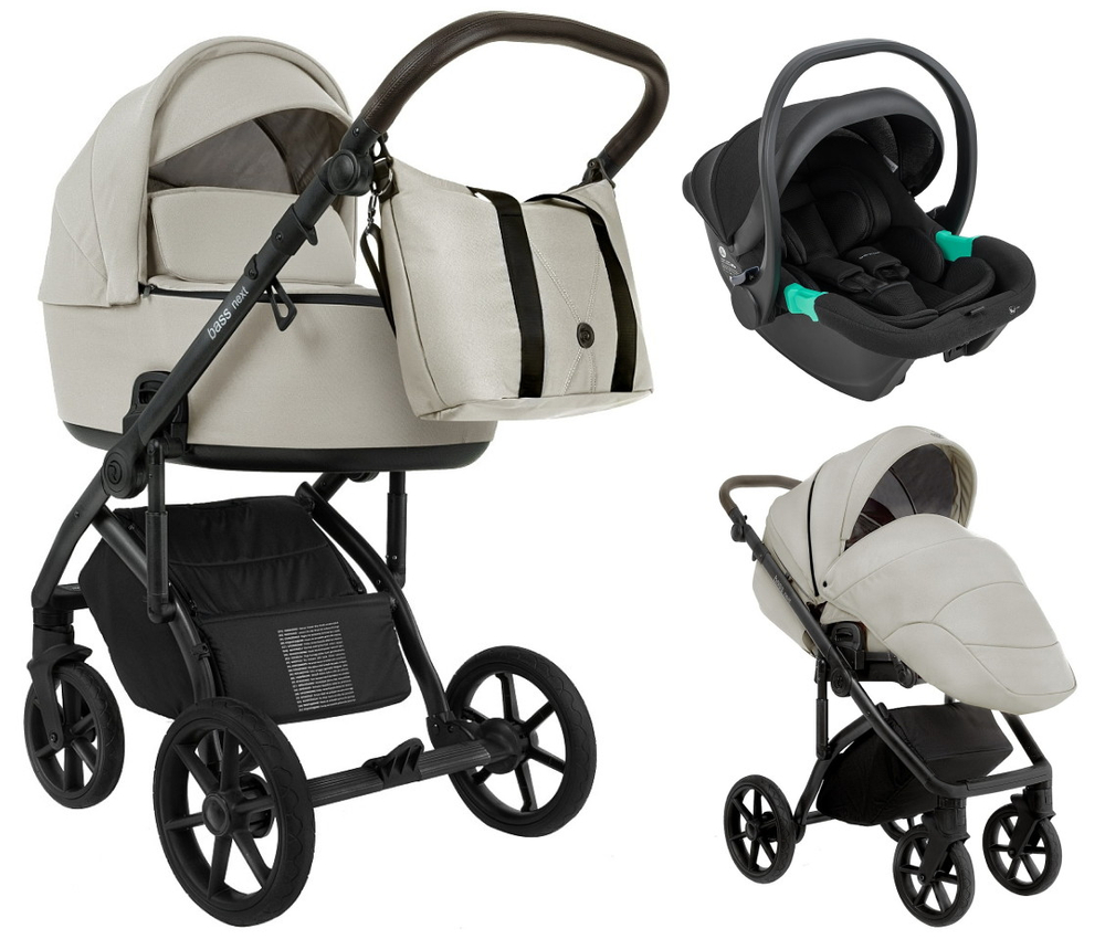 Детская коляска Roan Bass Next 2.0 3 в 1 с автокреслом Pituso Santiso Pro Black BSN/45/2 Marzipan/Black/руч.Cappuccino(2 места)