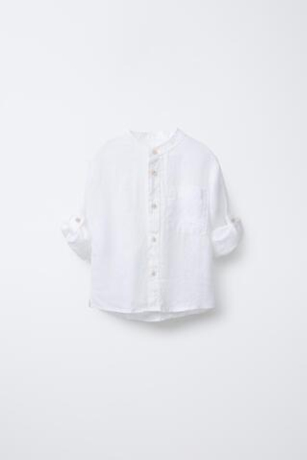 ZARA РУБАШКА ИЗ 100% ЛЬНА С ВОРОТНИКОМ-СТОЙКОЙ, ЭКРЮ