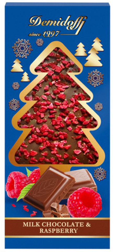 Шоколад молочный "DEMIDOFF" с добавлением кусочков сушеной малины 80г