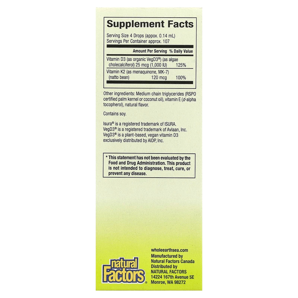 Natural Factors, Whole Earth Sea®, 100% веганские витамины D3 и K2, 15 мл (0,5 жидк. унц.)