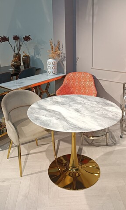 Стол обеденный Ist Casa круглый Остин, 100х76 см, светло-серый мрамор, золото