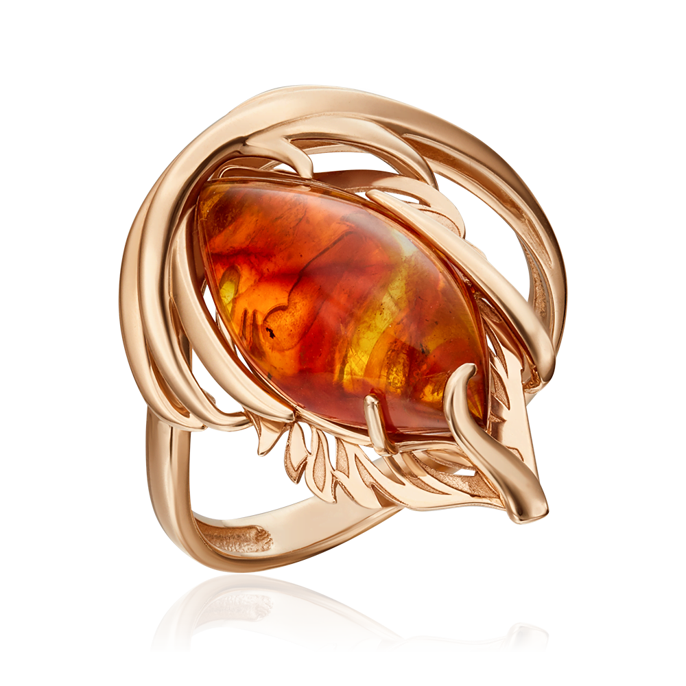 Кольцо «Перо» из красного золота с янтарём