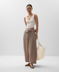 Oysho Брюки с отворотом на талии из 100% льна, бежевый