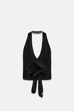 ZARA ДЖИНСОВЫЙ ТОП TRF С ГОРЛОВИНОЙ ХАЛТЕР И ДЕКОРАТИВНОЙ СТРОЧКОЙ, ЧЕРНЫЙ