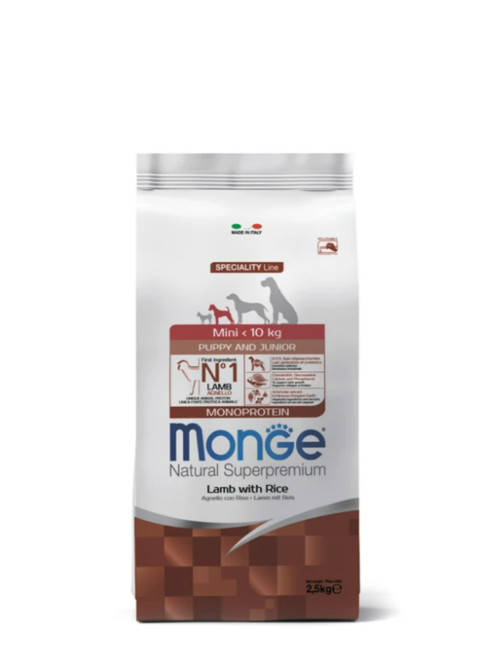 Сухой корм Monge "Dog Speciality Line", для щенков и собак, ягненок с рисом, 2,5кг