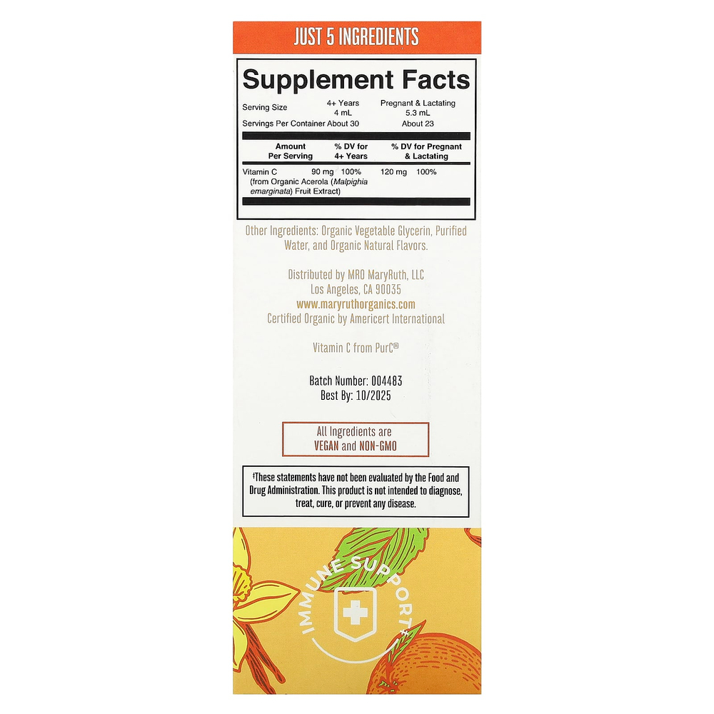 MaryRuth's, Органический витамин C в жидких каплях, апельсин и ваниль, 120 мл (4 жидк. унц.)