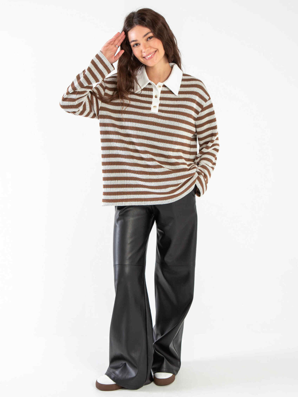 Свитшот-поло вязанный в полоску (Коричневый)