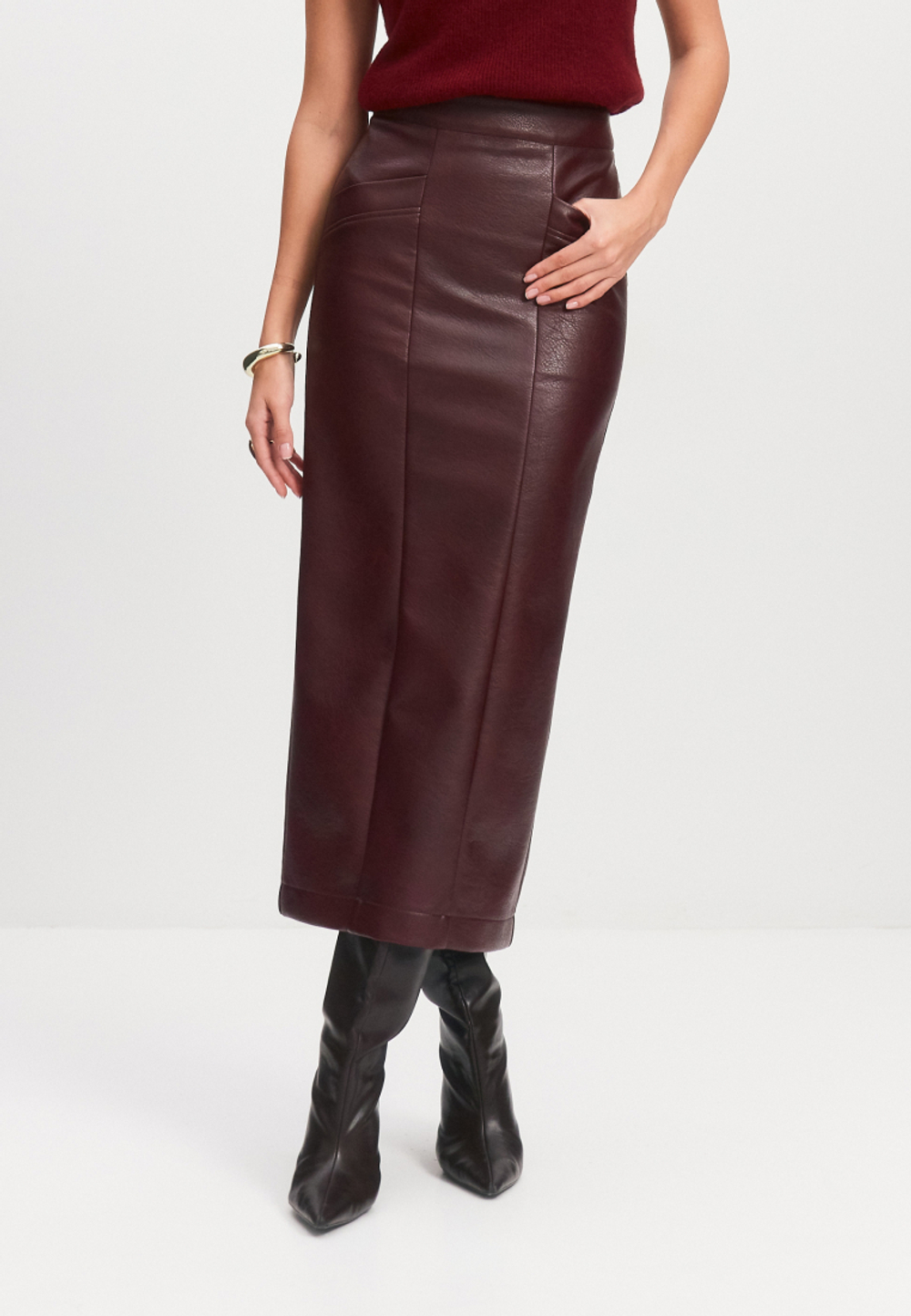 Фактурная юбка миди из экокожи