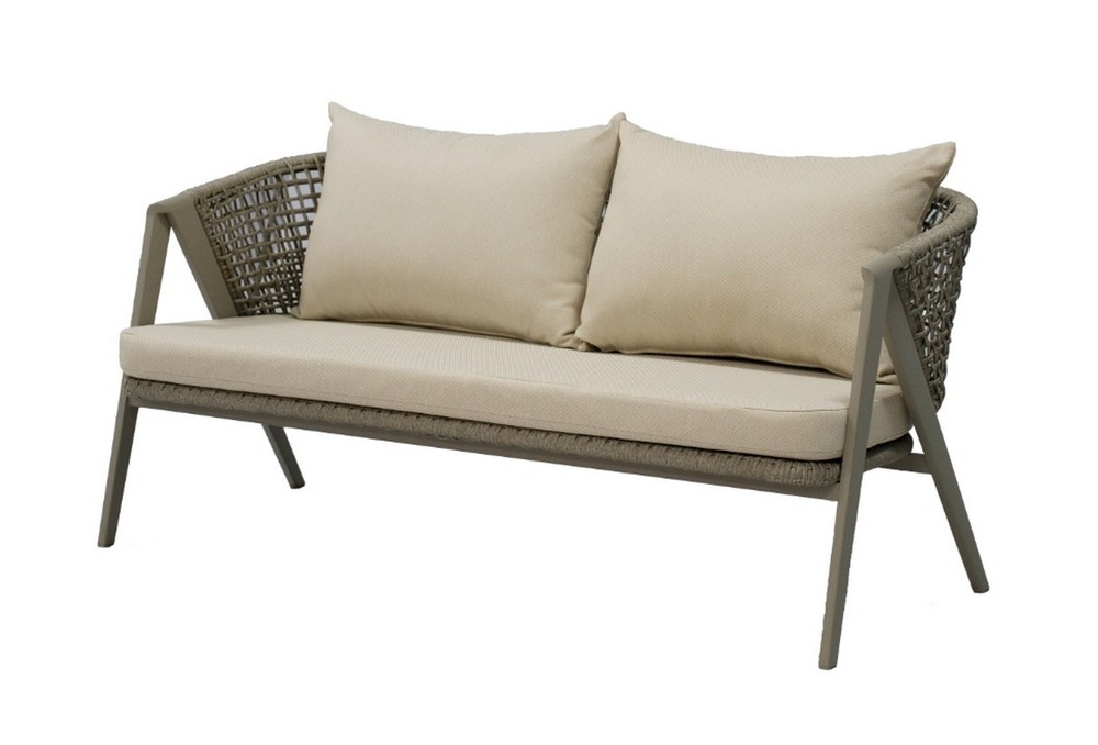 "Амстердам" диван 2-местный плетеный из роупа, каркас алюминий, роуп серый круглый, ткань серая