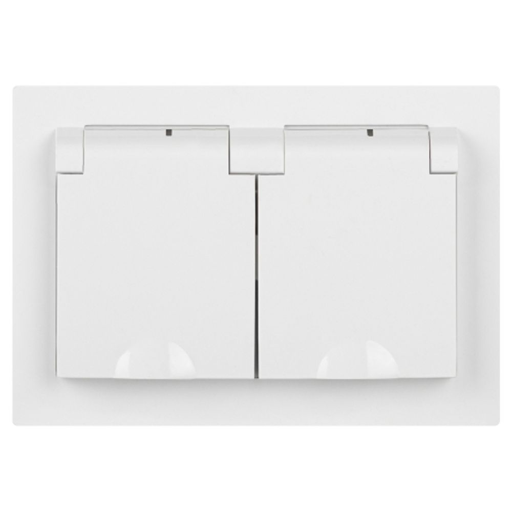 Розетка Intro Accent 6-210-01 двойная с заземлением 2х2P+E Schuko с крышками штор. 16А-250В IP44 СУ AL/CU белый | Intro