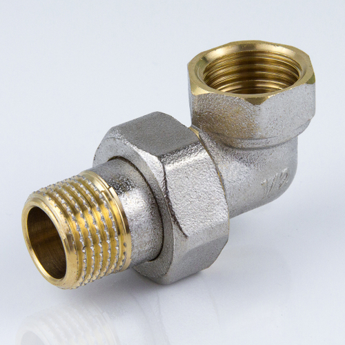 Сгон латунный никелированный разъёмный угловой "американка" внутренняя/наружная резьба