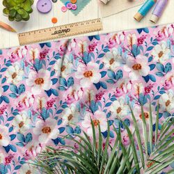 Ткань интерлок крупные нежные цветы на розовом фоне