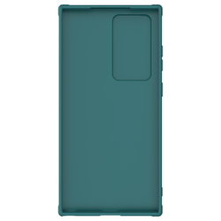 Чехол зеленого цвета (Exuberant Green) с вставками из кожи от Nillkin для Samsung Galaxy S23 Ultra, полуавтоматическая конструкция сдвижной крышки, серия CamShield Leather Case S