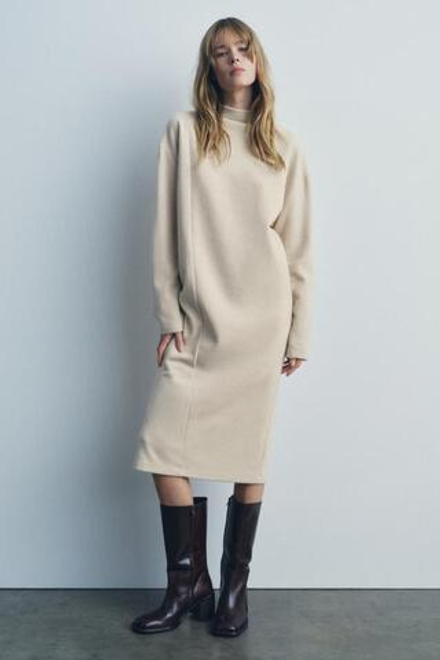 ZARA ПЛАТЬЕ МИДИ ИЗ МЯГКОЙ ТКАНИ, ЭКРЮ
