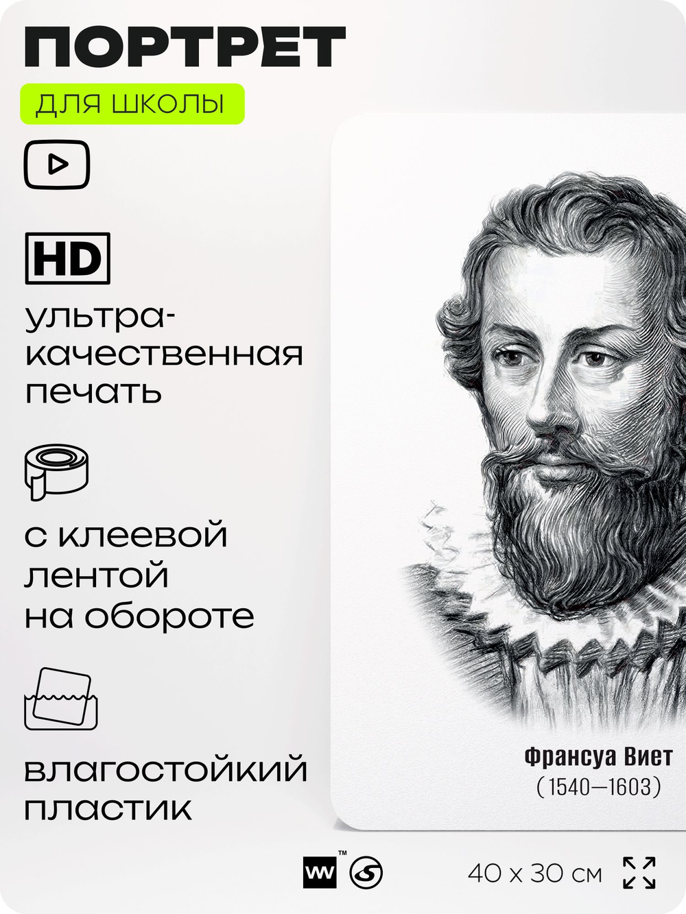 Портрет для школы в кабинет математики "Франсуа Виет", стенд школьный для класса, деятели науки для оформления классного уголка, 40х30 см, Silver Plane x Айдентика Технолоджи