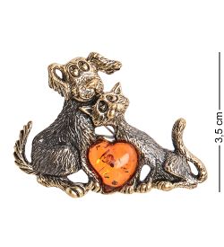AM-2092 Брошь «Кот и Пес» (латунь, янтарь)