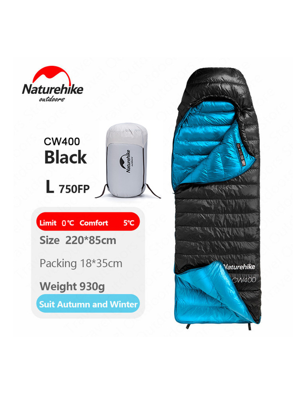Мешок спальный Naturehike Ultralight CW400 L , 220х85 см, (правый) (ТК: +5°C), черный