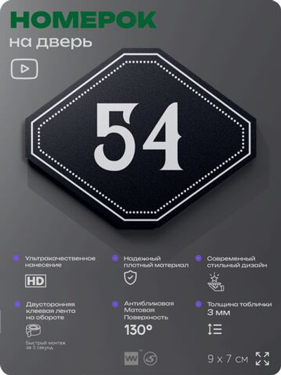 Номерок на дверь квартиры 54, для кабинета, офиса, шильдик 9 х 7 см, черный, Айдентика Технолоджи