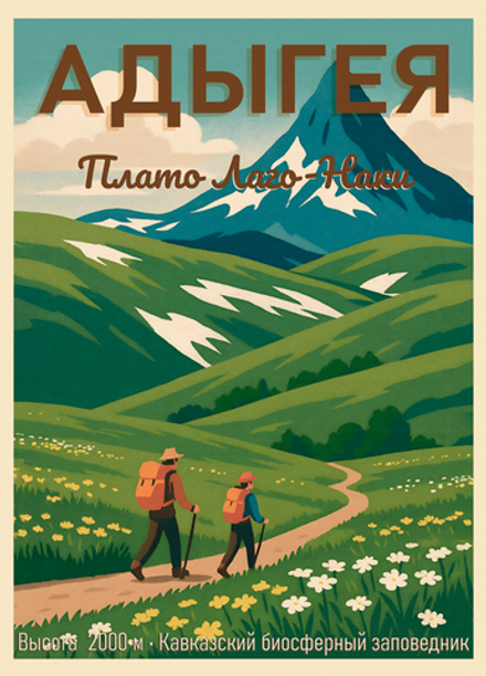 Постер «Лаго-Наки, Адыгея» — альпийская тропа в стиле ретро