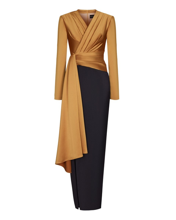 Платье макси драпированное из сатина с объемными плечами